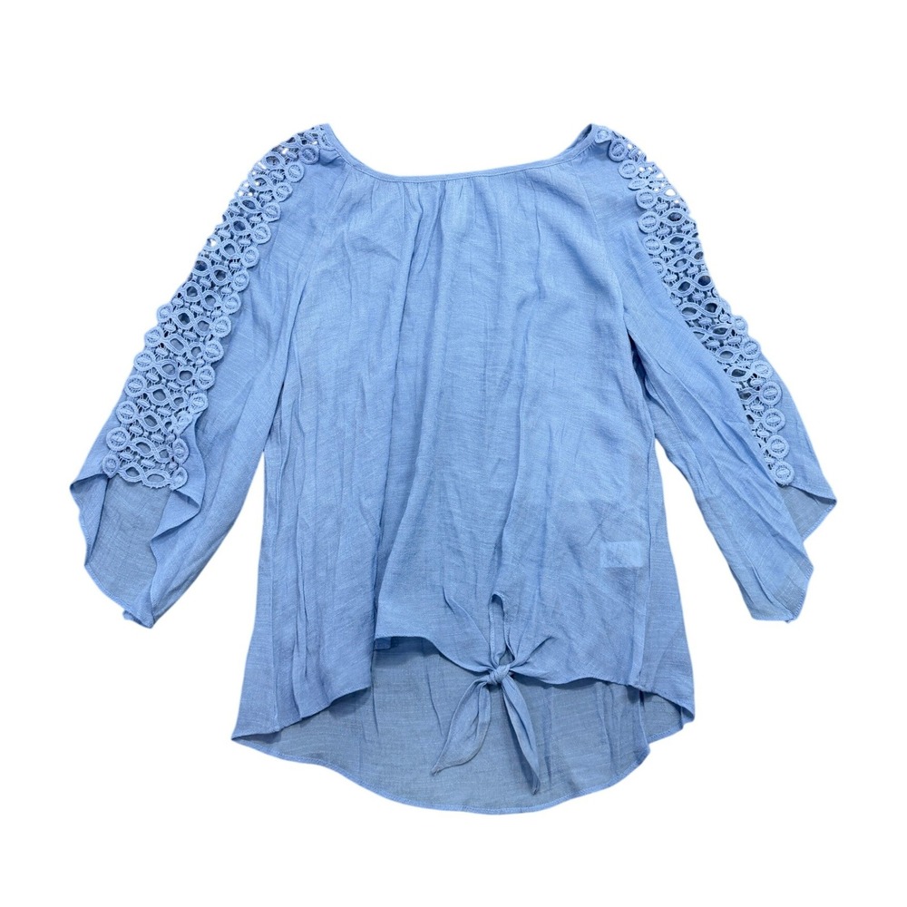 PerSeption Concept Lace Trim Blouse Womens L Blue Crochet Sleeve Front Tie‎ Top